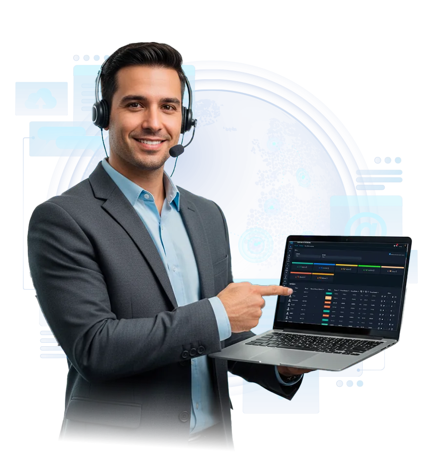 Especialista com headset apresentando o painel de campanhas do ClouddVoz