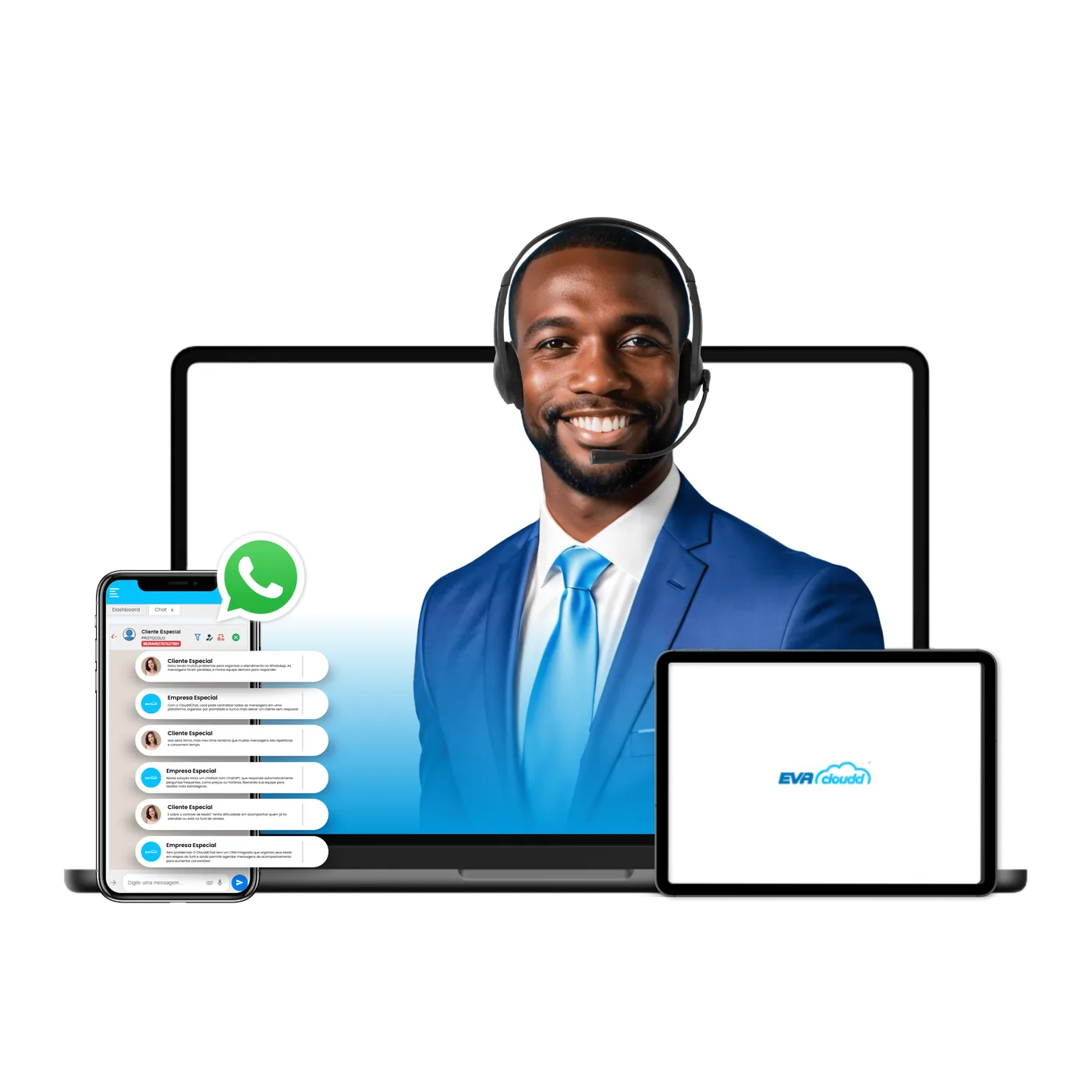 Plataforma EvaCloudd no notebook, celular e tablet, com atendimento por WhatsApp